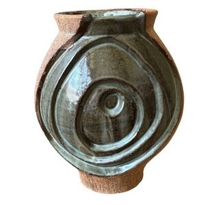 Vintage Handcrafted Green Blue Brown Swirl Pottery Vase Textured  10"